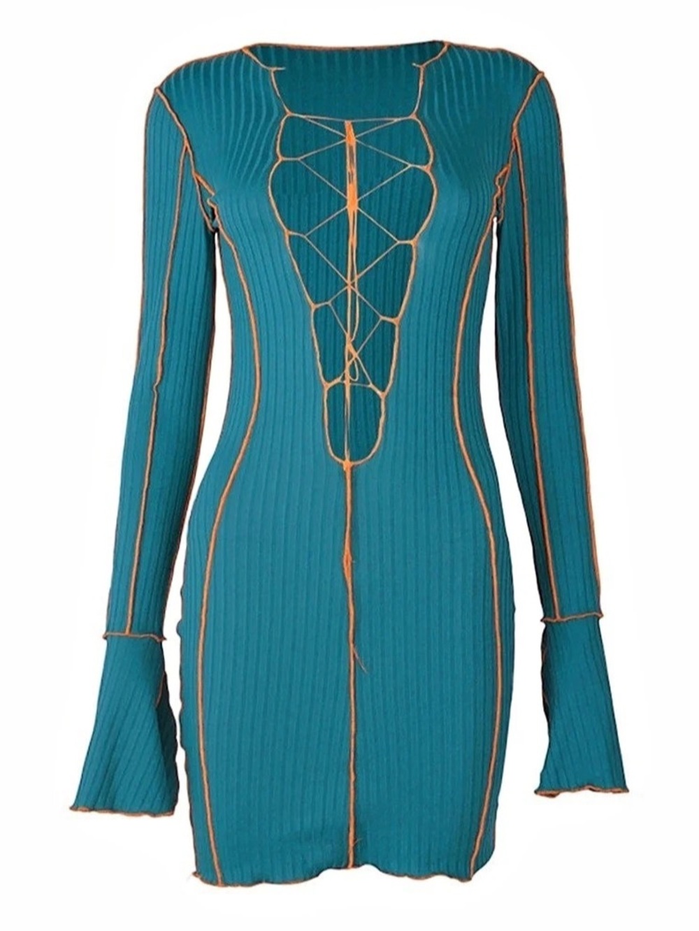 Fashion Nova Mini Lace-Up Dress in Green & Orange NWT